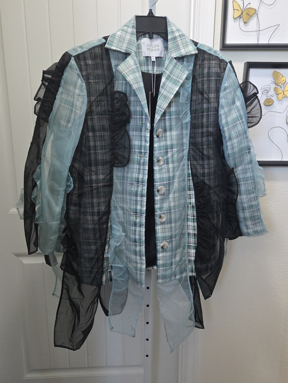 Mint Plaid Ruffle Detail Jacket